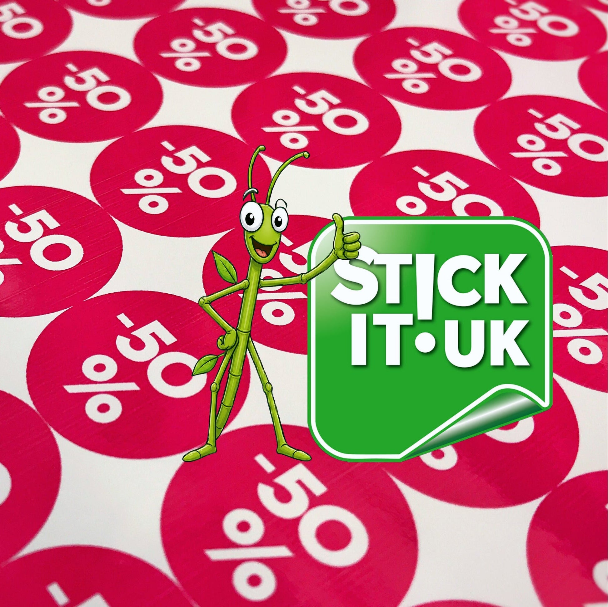 Animated grasshopper holding a 'Stick It UK' sign with red '50%' stickers in the background